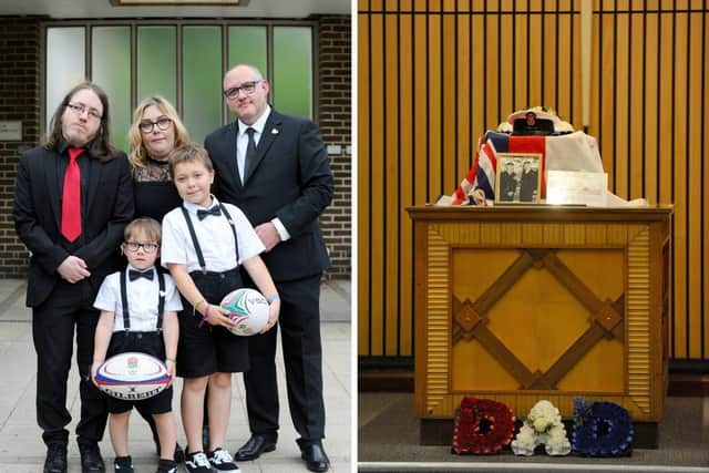 The funeral of Royal Navy veteran David Nutter took place on Tuesday, August 8, at Portchester Crematorium. Pictured is: David's children (back l-r) Simon Nutter, Kathryn Jenvey-Vallender and Mark Whitear with his grandson's front (l-r) Archie Jenvey-Vallender (5) and Tristin Vallender-Phillips (9).