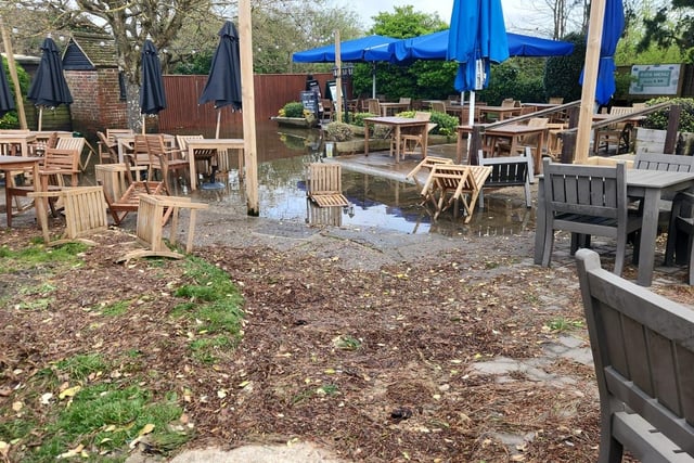 The Royal Oak beer garden the mroning after the flood.
