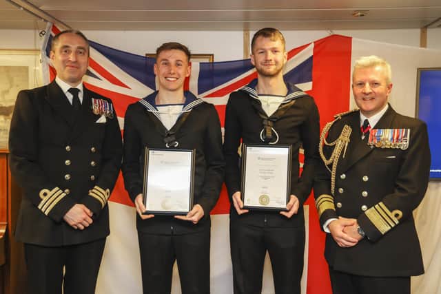 Pictured: L-R Commander Barfoot, ET (CIS) Myles Tew, ET(CIS) Brandon Dunlop and Vice Admiral Hally on board HMS Diamond.