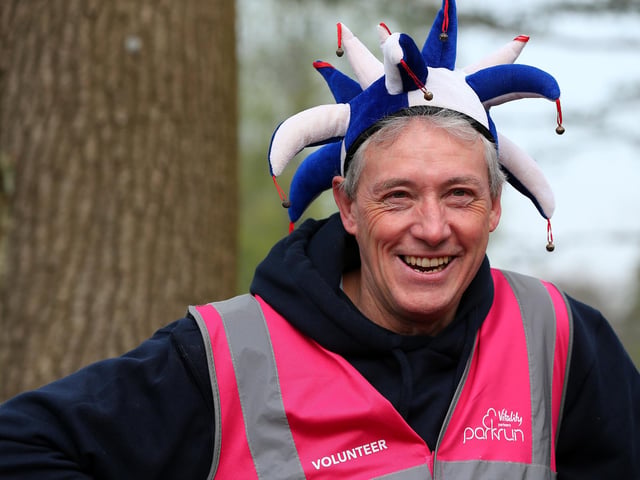One of the volunteers at the 500th Havant parkrun on Saturday morning. Picture: Chris Moorhouse (jpns 220423-002)