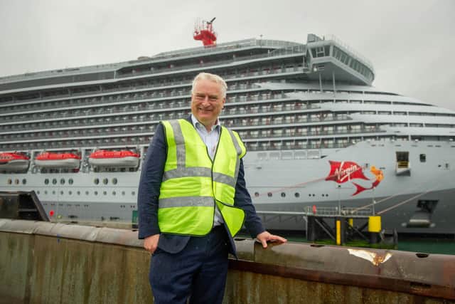 Pictured: PCC leader, Gerald Vernon-Jackson in front of the cruise ship, Scarlett Lady at Portsmouth International Port
Picture: Habibur Rahman