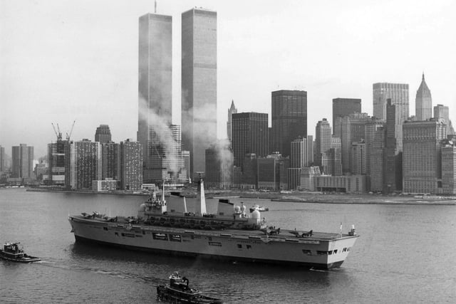 'Lusty' in New York.HMS Illustrious in New York harbour with the Twin Towers in the background, February 1984.