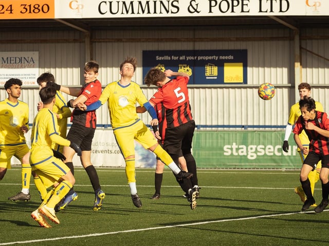 Action from the U16 GEC Marconi Invitation Cup final between Horndean Hawks Condors (red/black) and Pickwick Youth Panthers (yellow). Picture: Keith Woodland (260221-391)