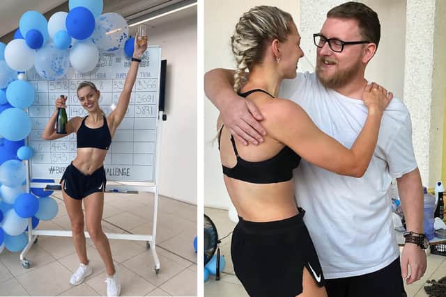 Evie celebrating after her challenge and, right, with brother Sam