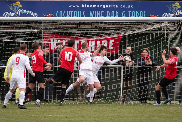 Fareham score one of their four first half goals. Picture: Keith Woodland