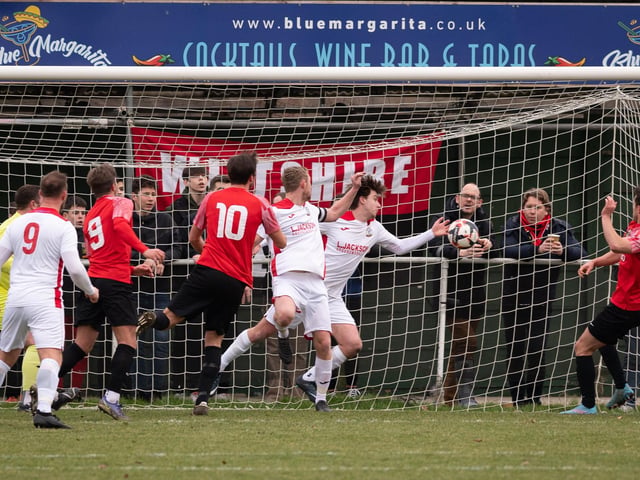 Fareham score one of their four first half goals. Picture: Keith Woodland
