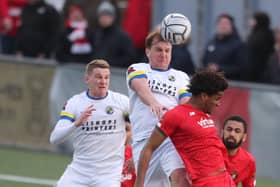 Jamie Collins wins this header during the 4-2 success against Ebbsfleet. Picture by Dave Haines.