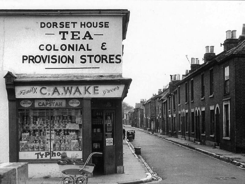 C A Wake,  Open all hours - the shop on the corner of Hampton Street and South Brighton Street, Southsea, in July 1965.