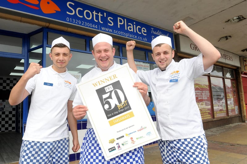 2017. Scott's Plaice in Gregson Avenue, Gosport. Pictured is: (l-r) Josh Noyce, owner Scott Turner and Steven King. Picture: Sarah Standing 170719-2752