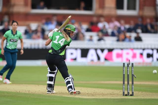 Brave batter Lauren Bell is bowled by Marizanne Kapp for the final wicket during The Hundred Final. Photo by Stu Forster/Getty Images.