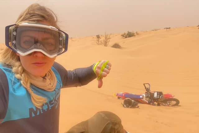 Vanessa Ruck, the Girl on a Bike, stuck in the Tunisian desert when her motorbike broke down on stage four of the Tunisia Desert Challenge