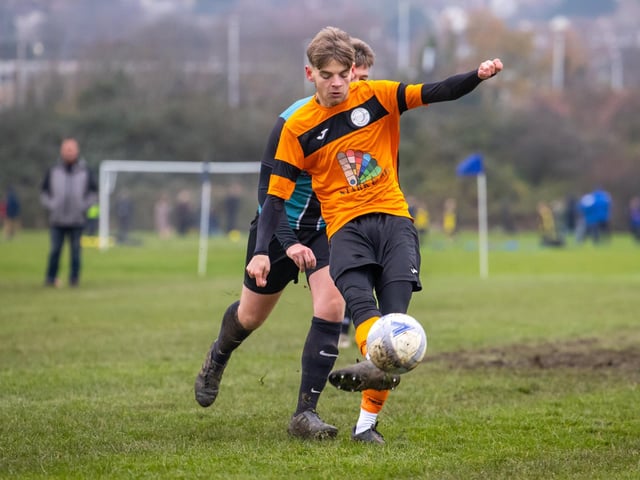 Bransbury Wanderers Reserves (orange) v Farlington Rovers. Picture by Alex Shute