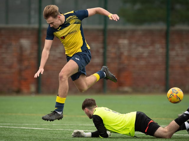 Action from Moneyfields U18s' 9-1 win at home to Hawks Community Youth U18s (white shirts) in the Hampshire Development League Under-18 Division East. Picture: Keith Woodland (120321-1102)