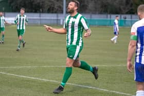 Steve Hutchings has just scored for Chichester in last weekend's home Isthmian League win against VCD.. Picture by Neil Holmes