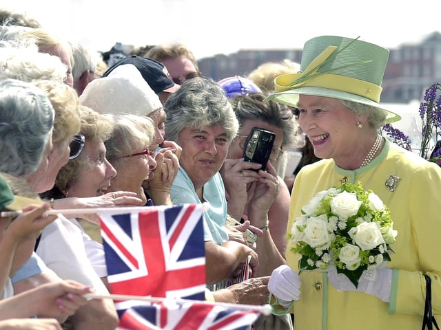 Queen Elizabeth II at Gunwharf Quays in June 2002 as part of her Golden Jubilee tour of the country