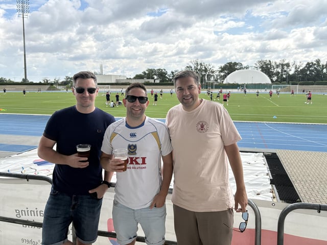 Andy Fleet, aged 38 from Hilsea, Lewis Boyd, aged 38 from Cosham, and Len Lock, aged 38 from Portchester, at Pompey's open training session at the X-Bionic Sphere Sports Centre in Šamorín, Slovakia.