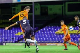 Rasmus Nicolaisen heads towards goal on his Pompey debut against Southend. Picture: Nigel Keene/ProSportsImages