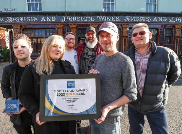 The King Street Tavern has won the Good Food Award for the third year in a row. (l-r) Mike Bailey, Laura Stanley, Olly Willers, Sean Marshal, Dan Gates and Paul Mulholland.Picture: Stuart Martin (220421-7042)