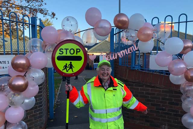 Retiring Stamshaw lollipop lady Marilyn Hogger, who is hanging up her Stop sign after 17 years of service.