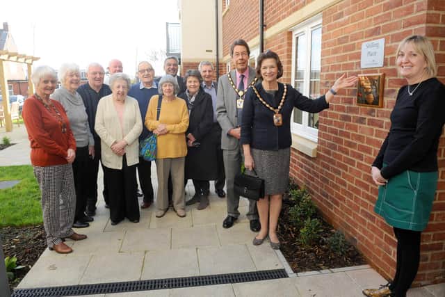 A plaque was unveiled by the Mayor of Havant Diana Patrick at McCarthy and Stone retirement development Shilling Place in Purbrook, on Monday, March 9. The plaque will commemorate locally born Beatrice 'Tilly' Shilling, who the development is named after.
Pictured is: The Mayor of Havant Diana Patrick and her consort James Spencer, with residents and (right) Gail Close, house manager.
Picture: Sarah Standing (090320-6666)