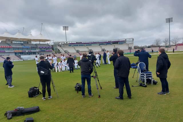 Cameras roll under grey skies at The Ageas Bowl for Hampshire's press day earlier this afternoon