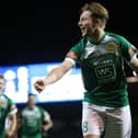 Moneyfields' Marley Ridge celebrates his winning penalty in the Portsmouth Senior Cup final shoot-out against Baffins. Picture: Chris Moorhouse