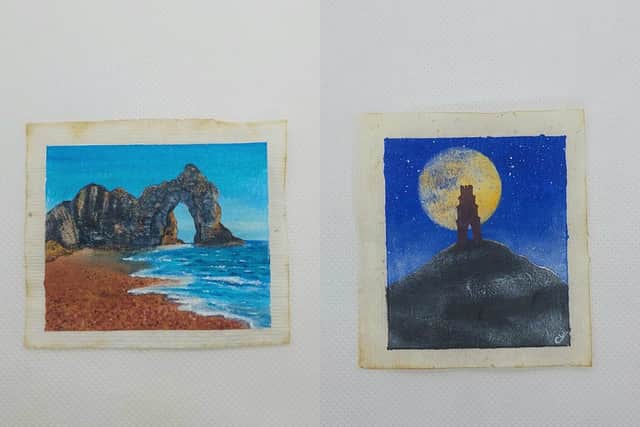 Paintings of Durdle Door (left) and Glastonbury Tor (right). Picture: Ella Sandy/family handout/PA Wire