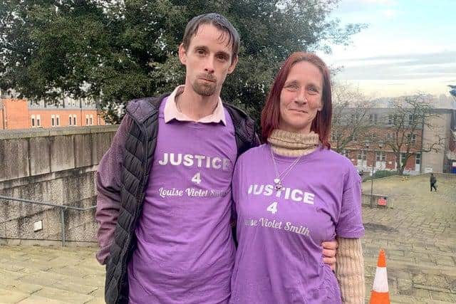 The family of Louise Smith outside Winchester Crown Court on Tuesday, December, 8, after Shane Mays was found guilty of murder. Pictured is: Richard O'Shea with partner and mum of Louise Smith Rebbecca Cooper. Picture: Ben Fishwick