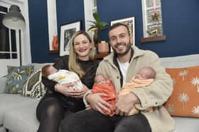 Chris Wise (38) from Southsea, a Premier League football commentator, and his partner Hannah Gurney, head of media for a charity, with their triplets - twin girls Ava and Alba and boy Emil - who were born at 32 weeks.
Picture: Sarah Standing (141223-3604)