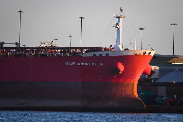 The Nave Andromeda in the port on October 26, 2020 in Southampton, England. The 228-metre, Liberian-registered oil tanker was carrying oil from Nigeria to the port of Southampton when it was subjected to a suspect hijacking by stowaways off the coast of the Isle of Wight on the South Coast of the British Isles.  (Photo by Finnbarr Webster/Getty Images)