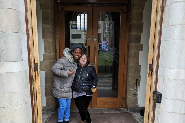 Support worker Sheila, left, with bell-ringer Lucy, right who came to watch the ceremony at the cathedral's special screening.