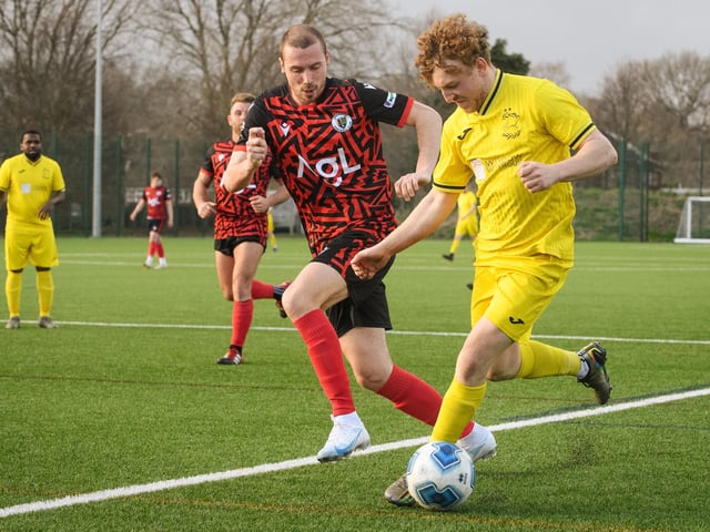 Action from Harvest's 4-1 win at home to Locks Heath (red and black kit) in the Hampshire Premier League. Picture: Keith Woodland (180321-1427)