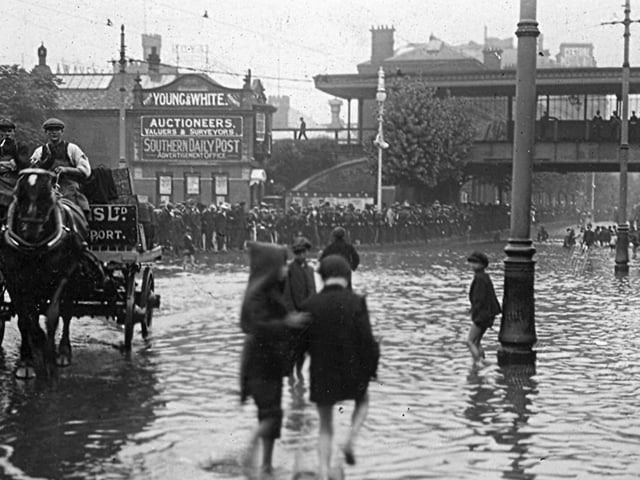 August 1911. Torrential rain flooded Commercial Road in what is now Guildhall Square.