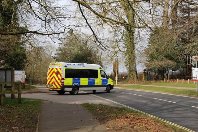 Police van leaving Staunton Farm car park. Picture: Emily Turner