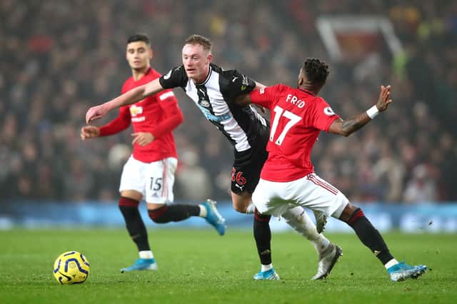 Fomer Pompey target and Newcastle midfielder Sean Longstaff in action against Manchester United. Picture: Clive Brunskill/Getty Images