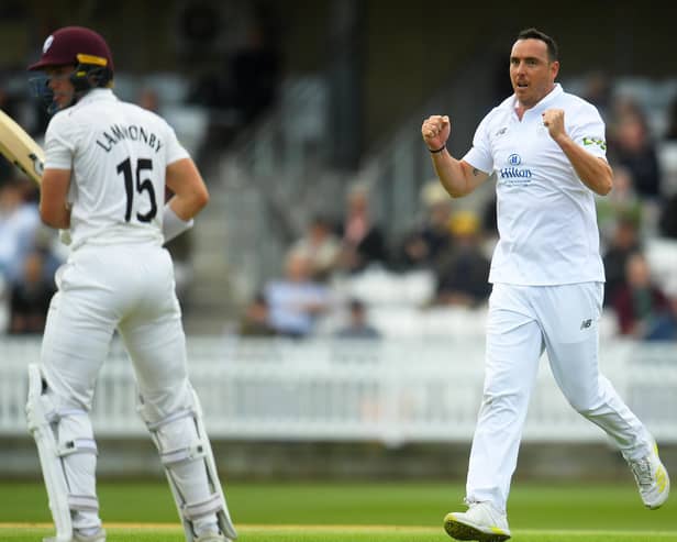 Kyle Abbott took four wickets on a weather-shortened first day at Scarborough. Photo by Harry Trump/Getty Images