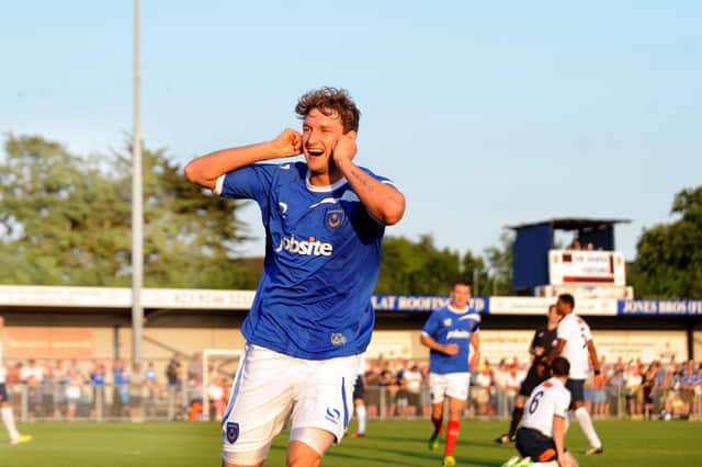 Ryan Bird celebrates scoring against the Hawks on his Pompey debut in a pre-season game in July 2013. Picture: Ian Hargreaves