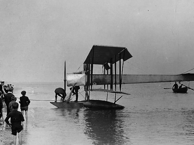Hydroplane (seaplane) off Eastney beach 1919.  Believe it or not, just 25 years after this photograph was taken there were jet aircraft flying the worlds skies. Picture: Barry Cox collection.