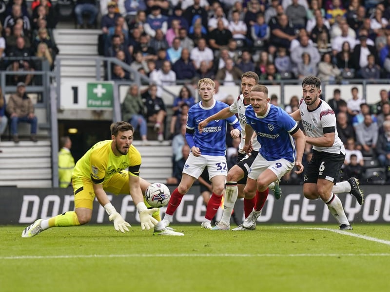 Derby goalkeeper Joe Wildsmith intervenes with Colby Bishop ready to pounce in the first half at Pride Park. Picture: Jason Brown/ProSportsImages
