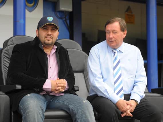 Former Pompey owner Sulaiman Al Fahim (left) pictured with ex-chief executive Peter Storrie