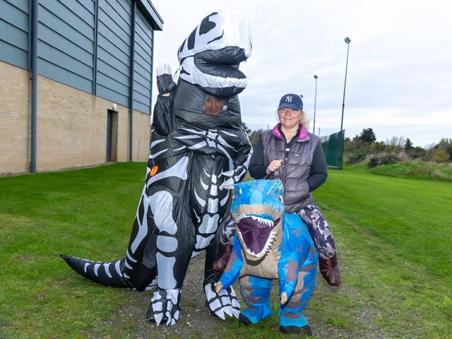 MNDA charity dinosaur fundraisers at the Gosport Half Marathon Photos by Alex Shute