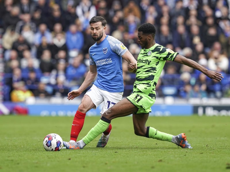 Forest Green's Jordon Garrick dispossesses Joe Rafferty in the first half at Fratton Park. Picture: Jason Brown/ProSportsImages