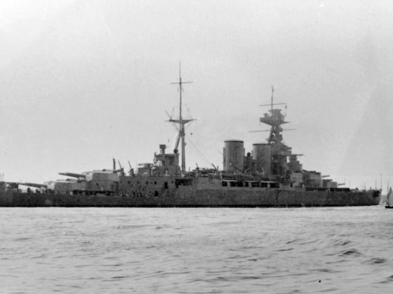 The Iconic battle-cruiser HMS Hood entering Portsmouth Harbour.The much loved and causing overwhelming sadness when when sunk by the Bismark. HMS Hood. Picture: Barry Cox collection.