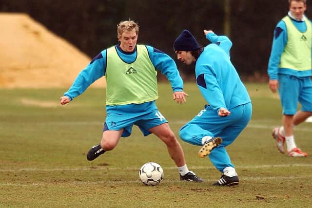 Eddie Howe up against Richard Hughes during training at Eastleigh in their Pompey days. Picture: Steve Reid