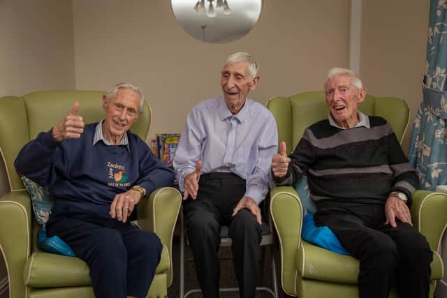 Three brothers have been newly reunited to live together again for the first time since being young men at Hartwell Lodge, Fareham Pictured: Norman Jones 88, Morris Jones 93 and Alan 86 at Hartwell Lodge on Friday 27th January 2023. Picture: Habibur Rahman