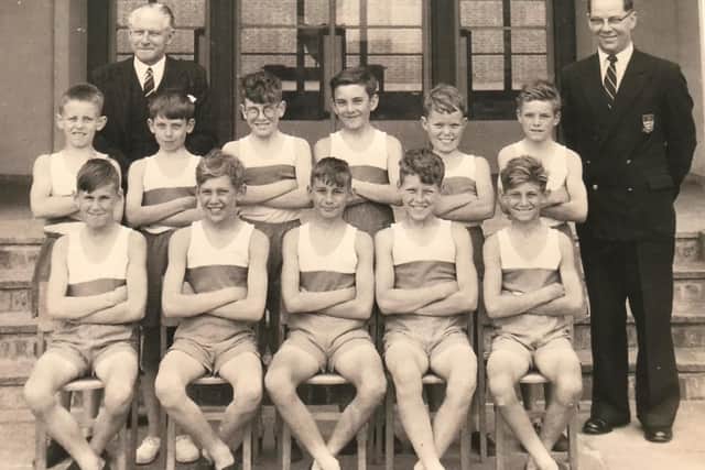 Athletics team from circa 1958
Left to right: Terry Upsall, Michael Page, Keith Voysey, Barry Newman, Dougie Shale and Unknown. Martin Trevett, Robert Rowe, Michael Hicks, Michael Ripley and Kenny Wearn.