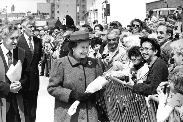 The Queen on a walkabout to meet the crowds outside the Square Tower, Old Portsmouth, in 1987. The News PP5458