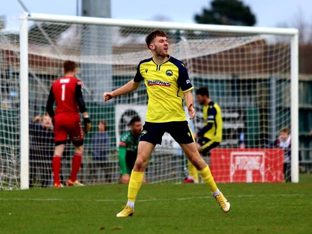 Harvey Rew celebrates his leveller against Hendon. Picture: Tom Phillips.