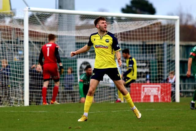 Harvey Rew celebrates his leveller against Hendon. Picture: Tom Phillips.