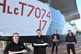 Miniature models will be on display at the museum until next Tuesday. L-R:  D-Day Story museum and visitor service officers Lorna Street and Max Butcher; artist Jan Frith; general manager Ross Fairbrother. Picture: The D-Day Story/Portsmouth City Council.